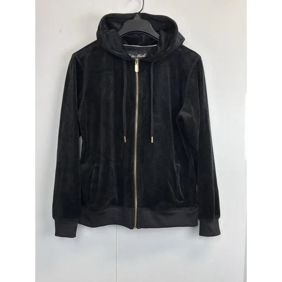 White Mark Cozy Collection Womens L Jacket Black Velour Full Gold Zip Hoodie‎ - Picture 2 of 8